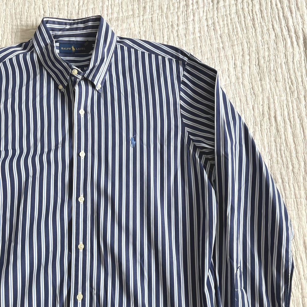 Polo Ralph Lauren Navy and Light Blue Striped Button Down Shirt Men's Large